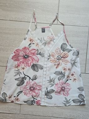 SHEIN Pink & Cream Floral Lace-Trim Camisole
